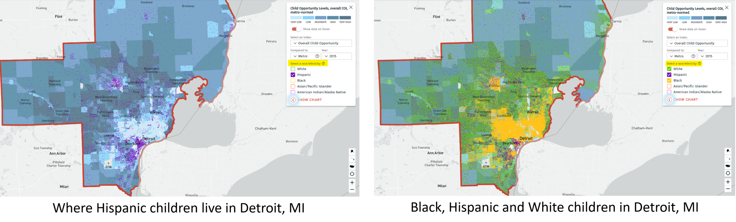 Image shows distribution of Hispanic children and three race groups in Detroit, MI 