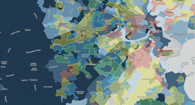 Map of child opportunity index in Boston with neighborhoods colored red, yellow, blue and green
